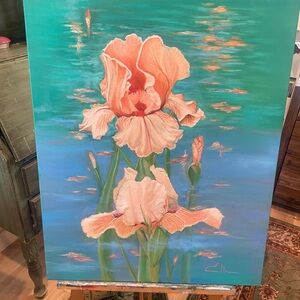Elegant Iris Canvas Art in Peach and Teal
